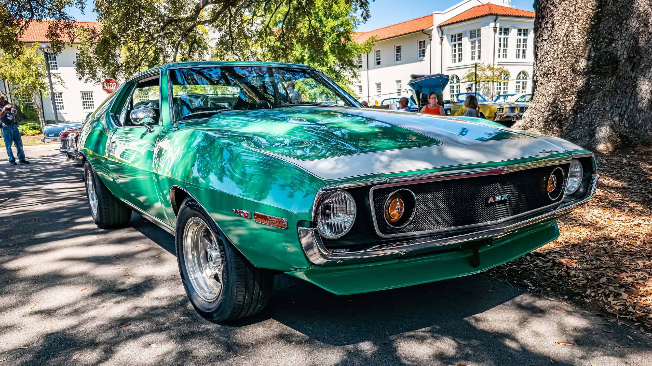 Gulfport, MS - October 02, 2023: High perspective front corner view of a 1974 AMC Javelin AMX Hardtop Coupe at a local car show.
