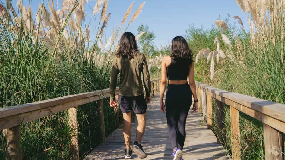 Couple walking backwards through an ecological reserve surrounded by pampas grass