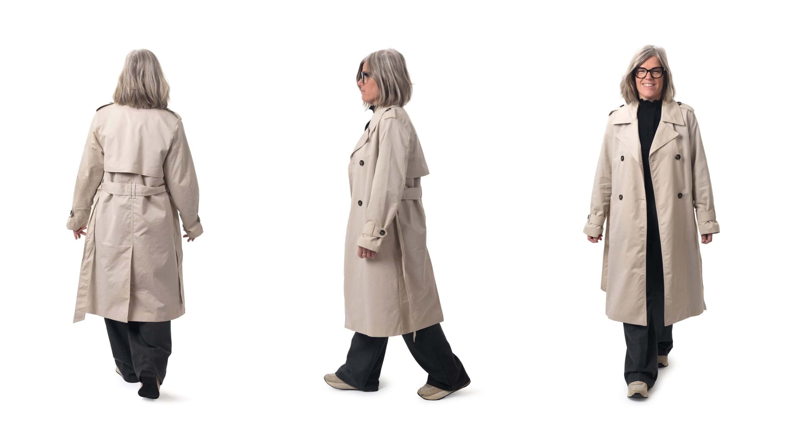 Front,,Back,And,Side,View,Of,Same,Woman,Walking,On