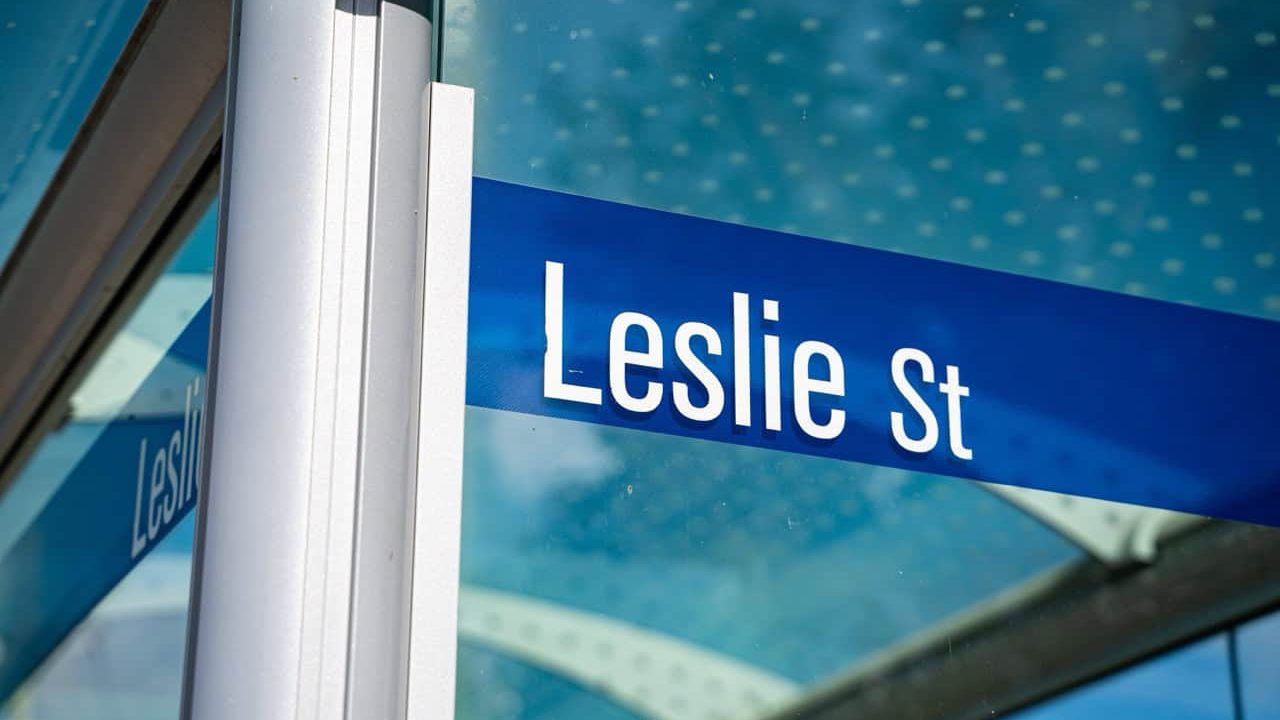 View of the Leslie Street sign in Toronto.