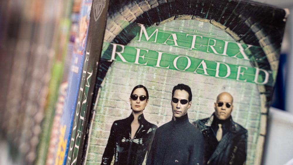 Close up of Matrix Reloaded DVD cover on shelf. Toronto, Canada - November 26, 2025.