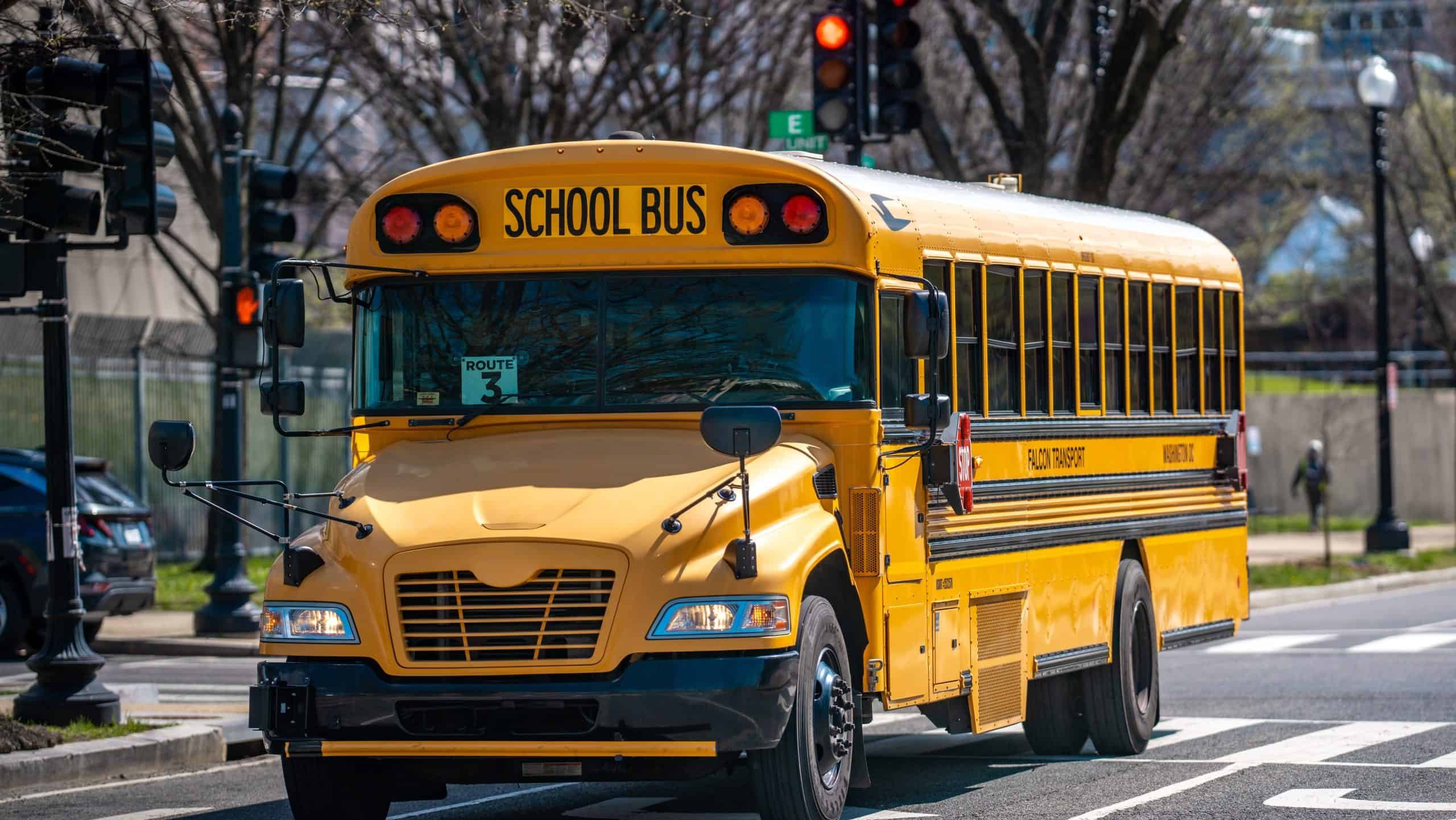 The yellow school bus waits at the traffic light. Students ride the school bus every morning. The bus transports children safely to school. City streets guide the school bus route.