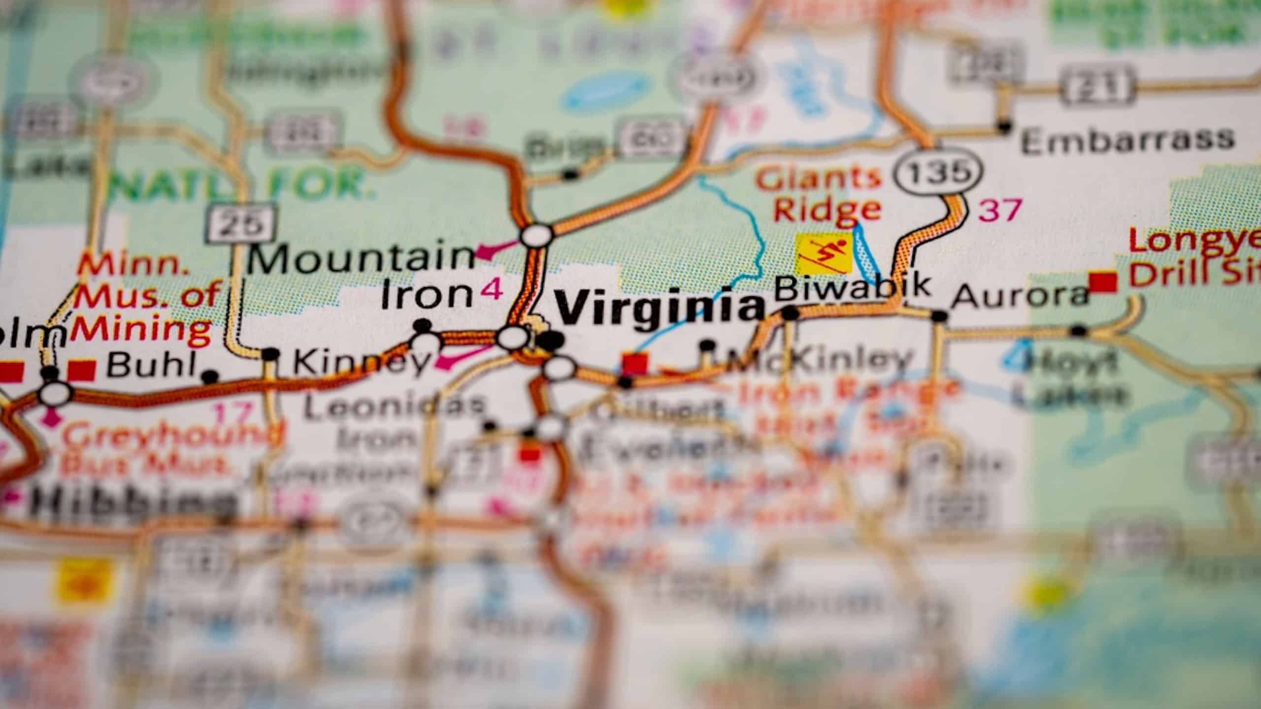Virginia, Minnesota in the United States, highlighted on a world map.