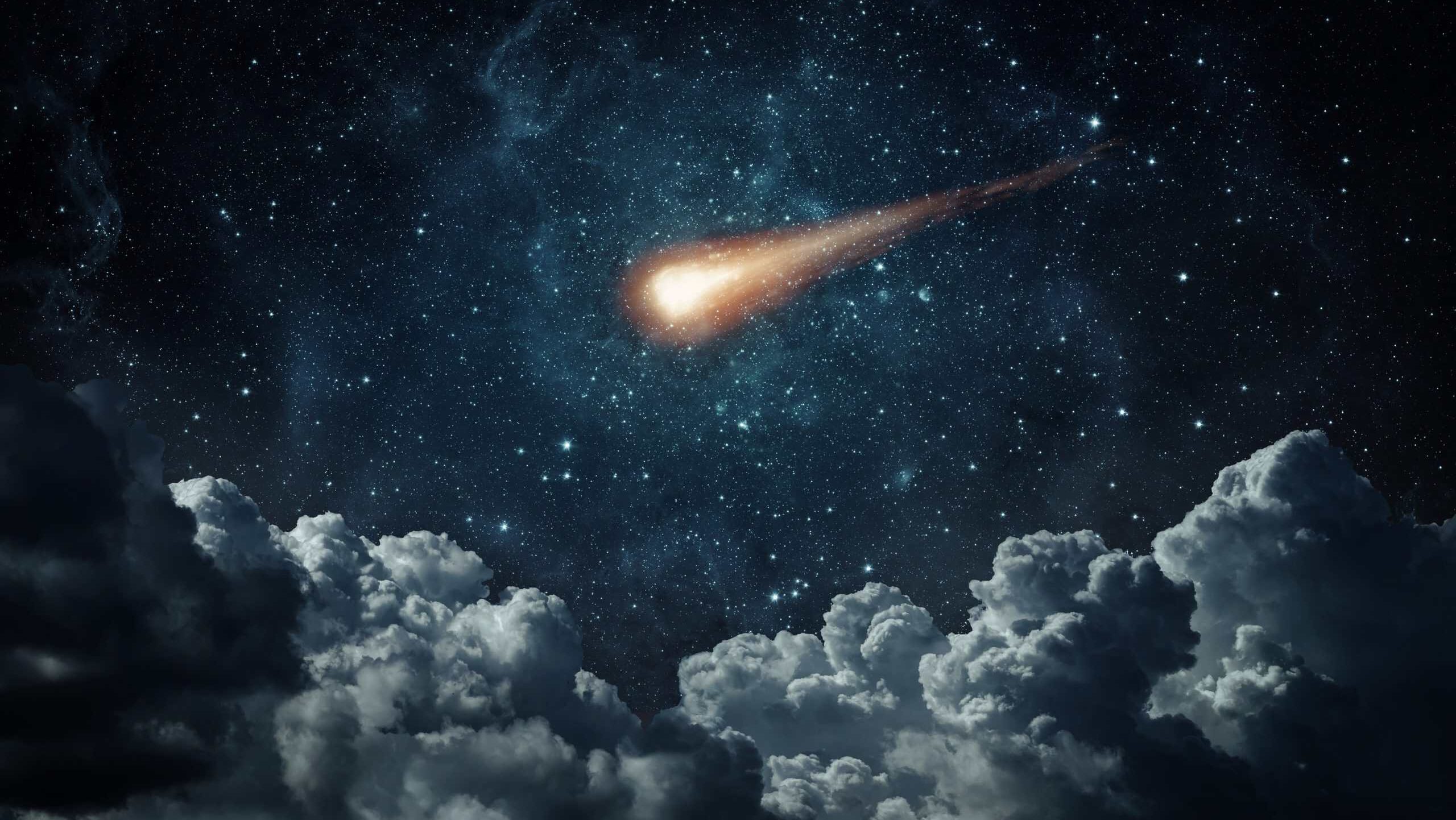 Comet, asteroid, meteorite flying on the background of the starry night sky. Glowing asteroid and tail of a falling comet. Elements of this image furnished by NASA.