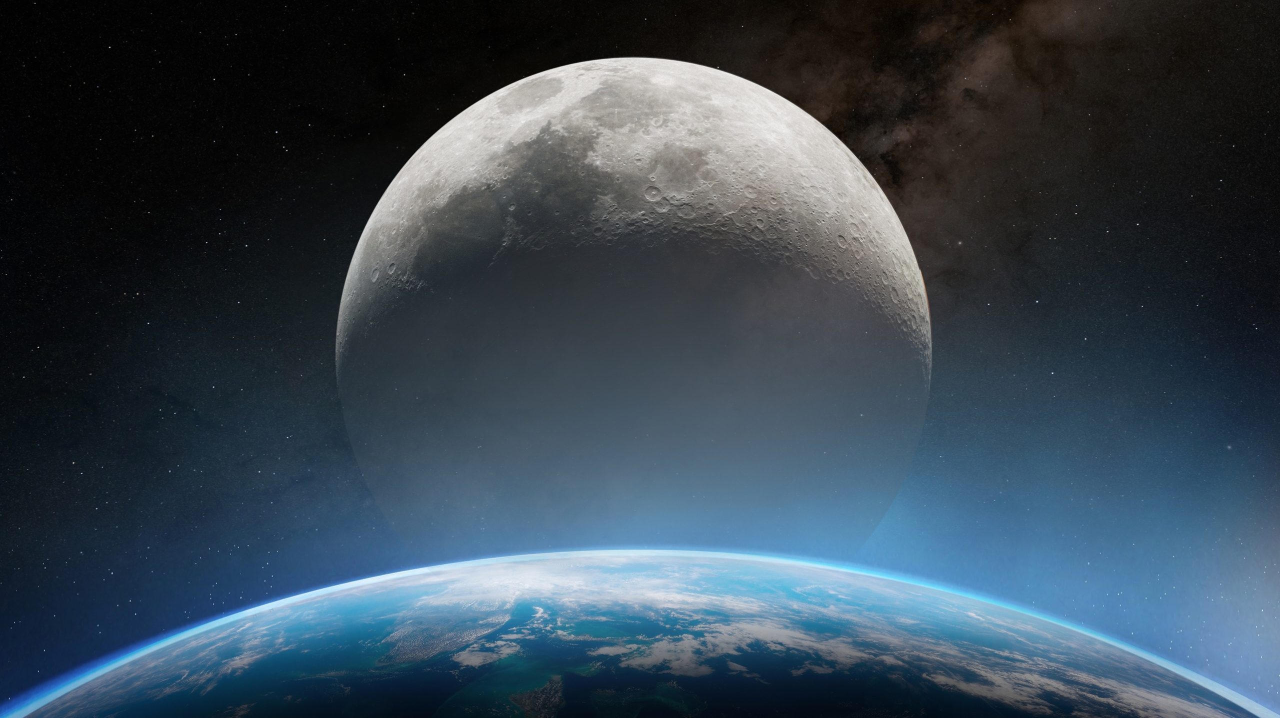 Futuristic space illustration showing planet Earth with glowing blue atmosphere and the Moon rising above the horizon against a deep starry sky. Conceptual astronomical scene illustrating space exploration, science, and humanity’s vision of the future in outer space. Elements of this image furnished by NASA.