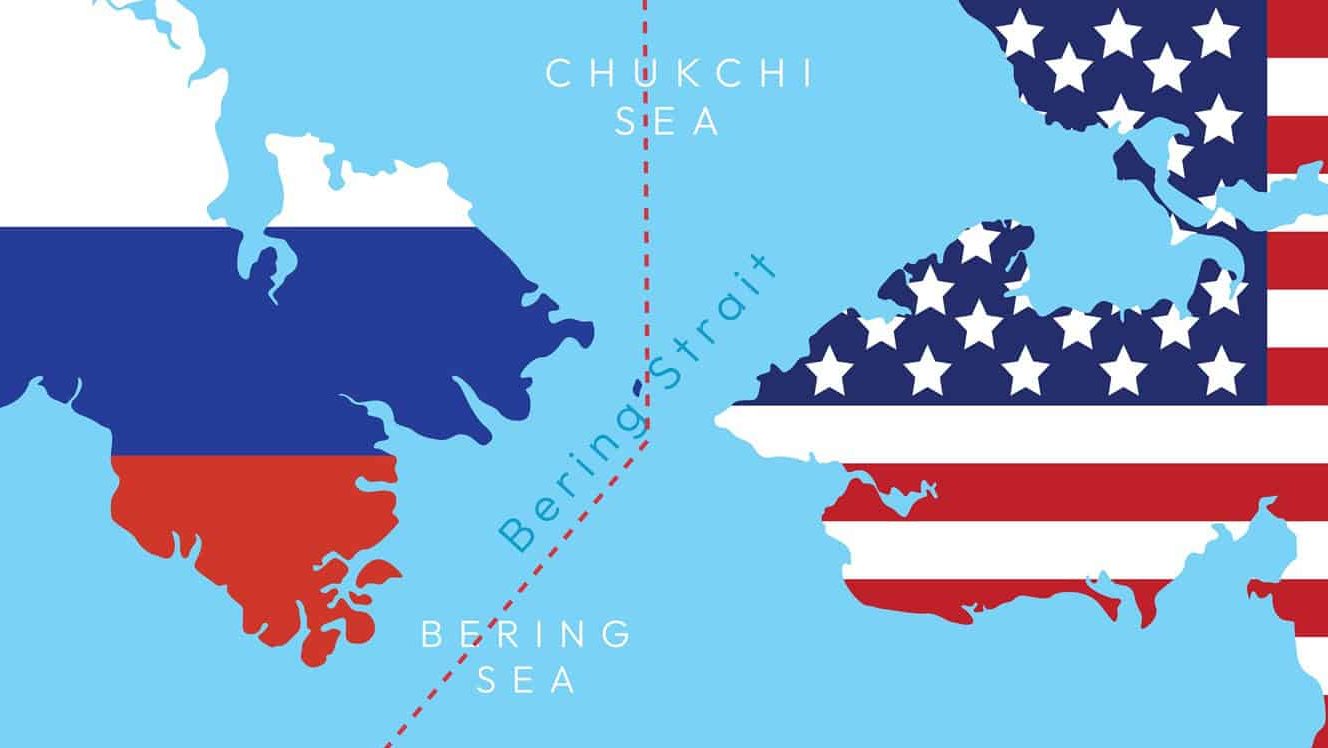 Bering Strait map background. Russia and the United States border. America and Russia in Alaska