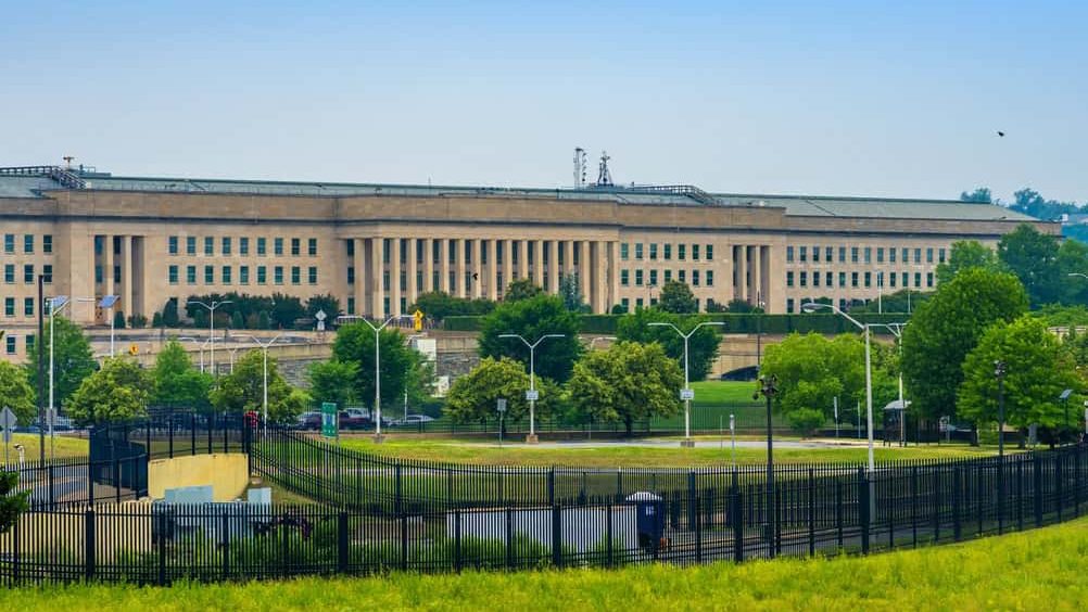 Pentagon American government landmark. Pentagon defense department exterior. Pentagon military security building. Pentagon architecture near Washington DC.