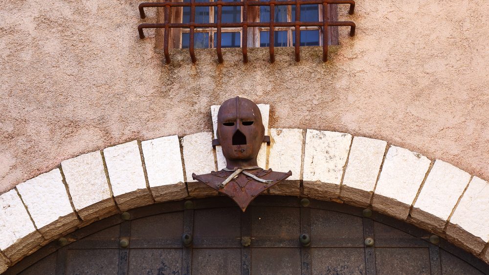 This is Iron Mask the real historic French prisoner over the gate of the castle of Castres May 22, 2015 in Cannes, France.