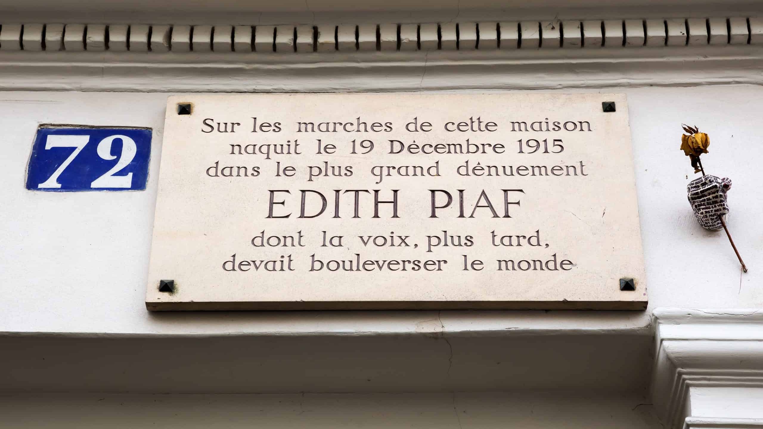 Paris, France - October 18, 2016: sign at the birth house, Rue de Belleville 72, of Edith Piaf. She was regarded as Frances national chanteuse, as well as one of Frances greatest international stars