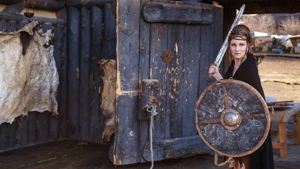 Viking,Woman,With,Sword,And,Shield,In,A,Traditional,Warrior