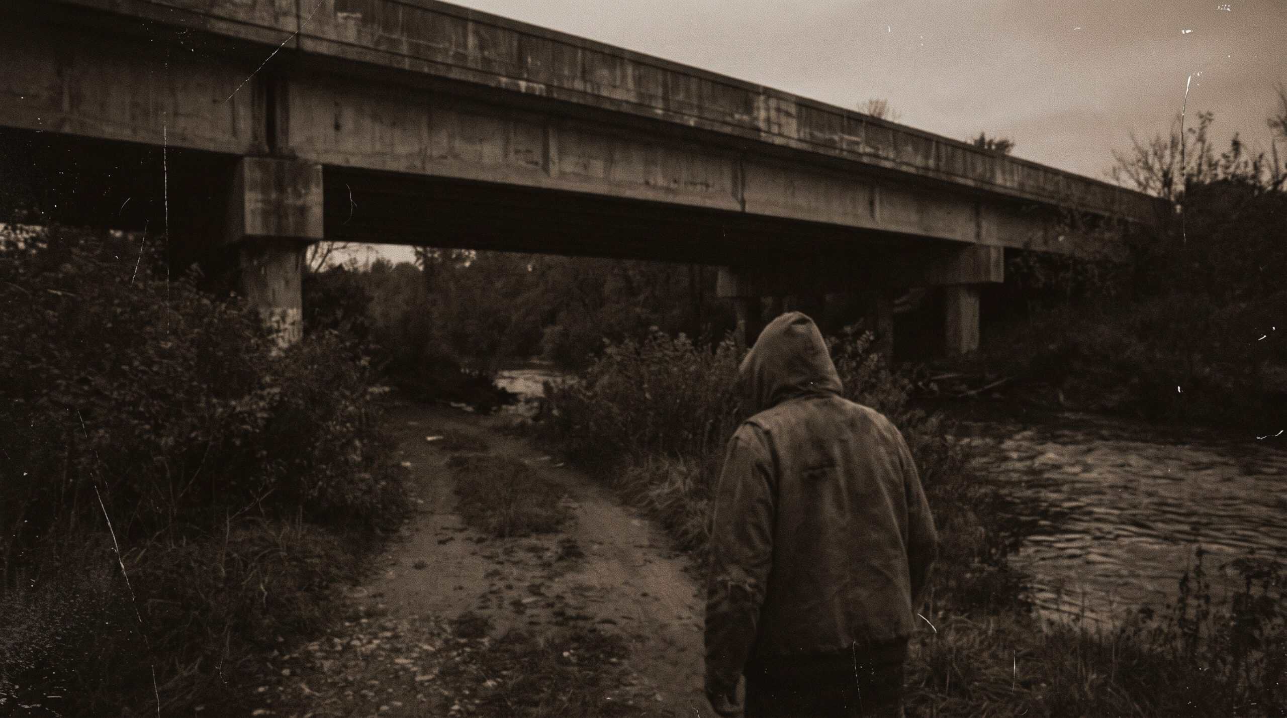 A man walking near a bridge