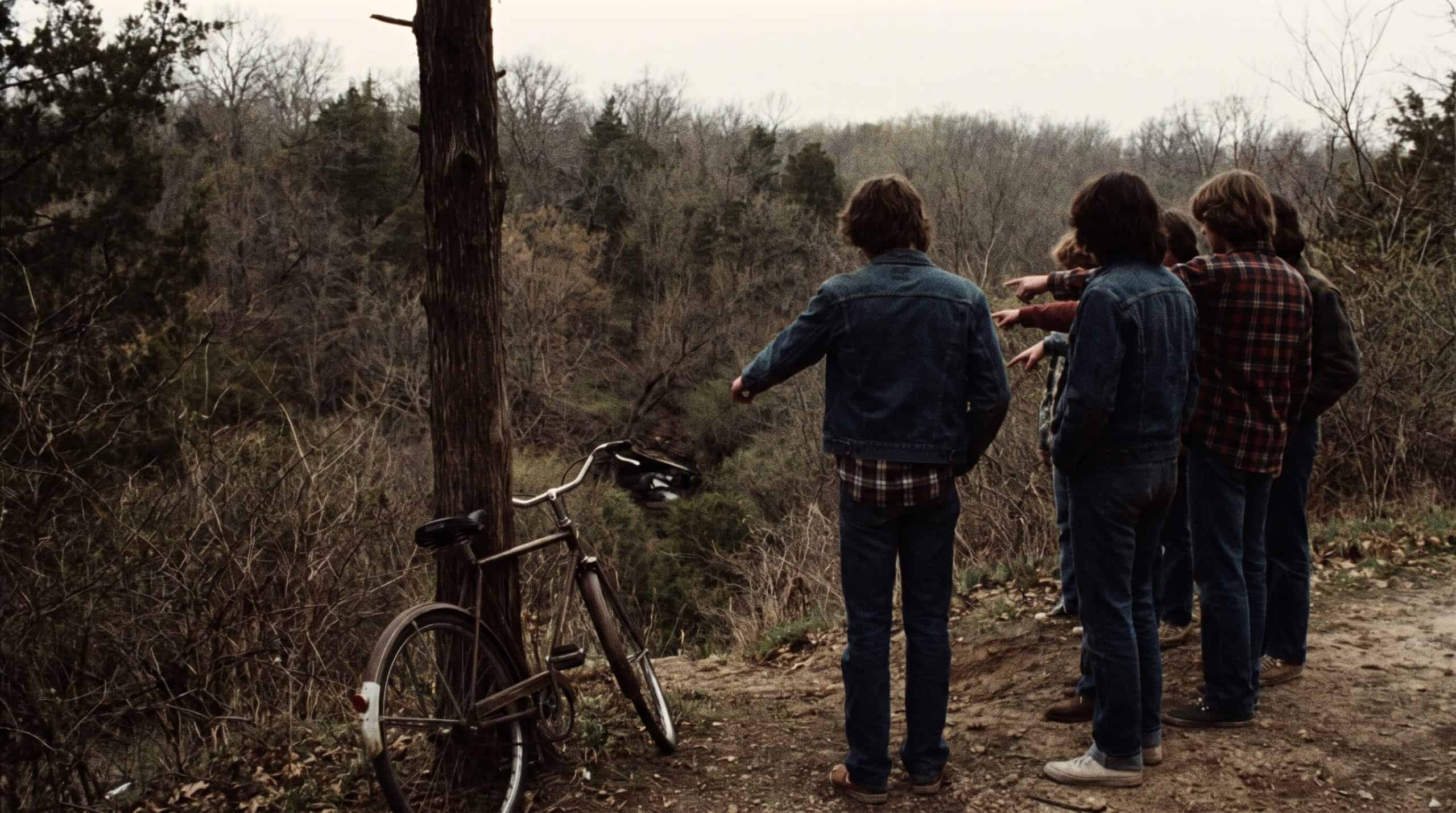 a group of boys looking and pointing at a ravine.