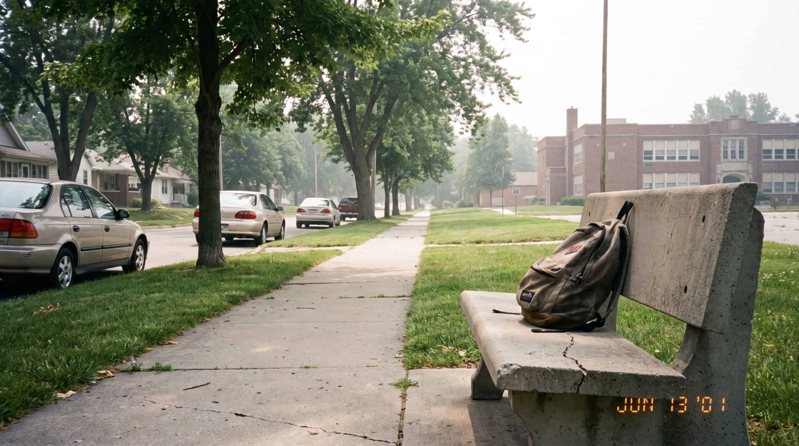 Sidewalk with a backpack on the bench.
