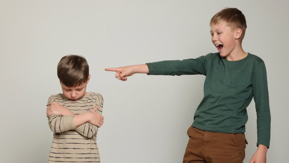 Boy laughing and pointing at upset kid on light grey background. Children's bullying