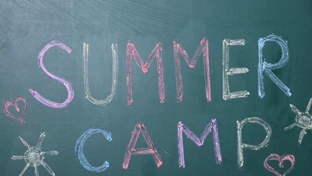 Words Summer Camp and drawings on chalkboard