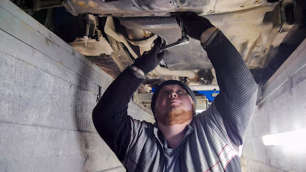 Mechanic standing in an inspection pit working with a tool under a car during service