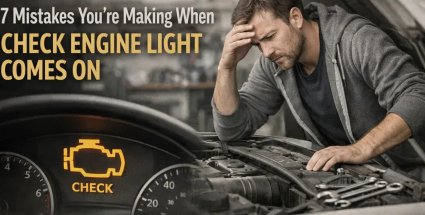 Man inspecting car engine with check engine light illuminated.
