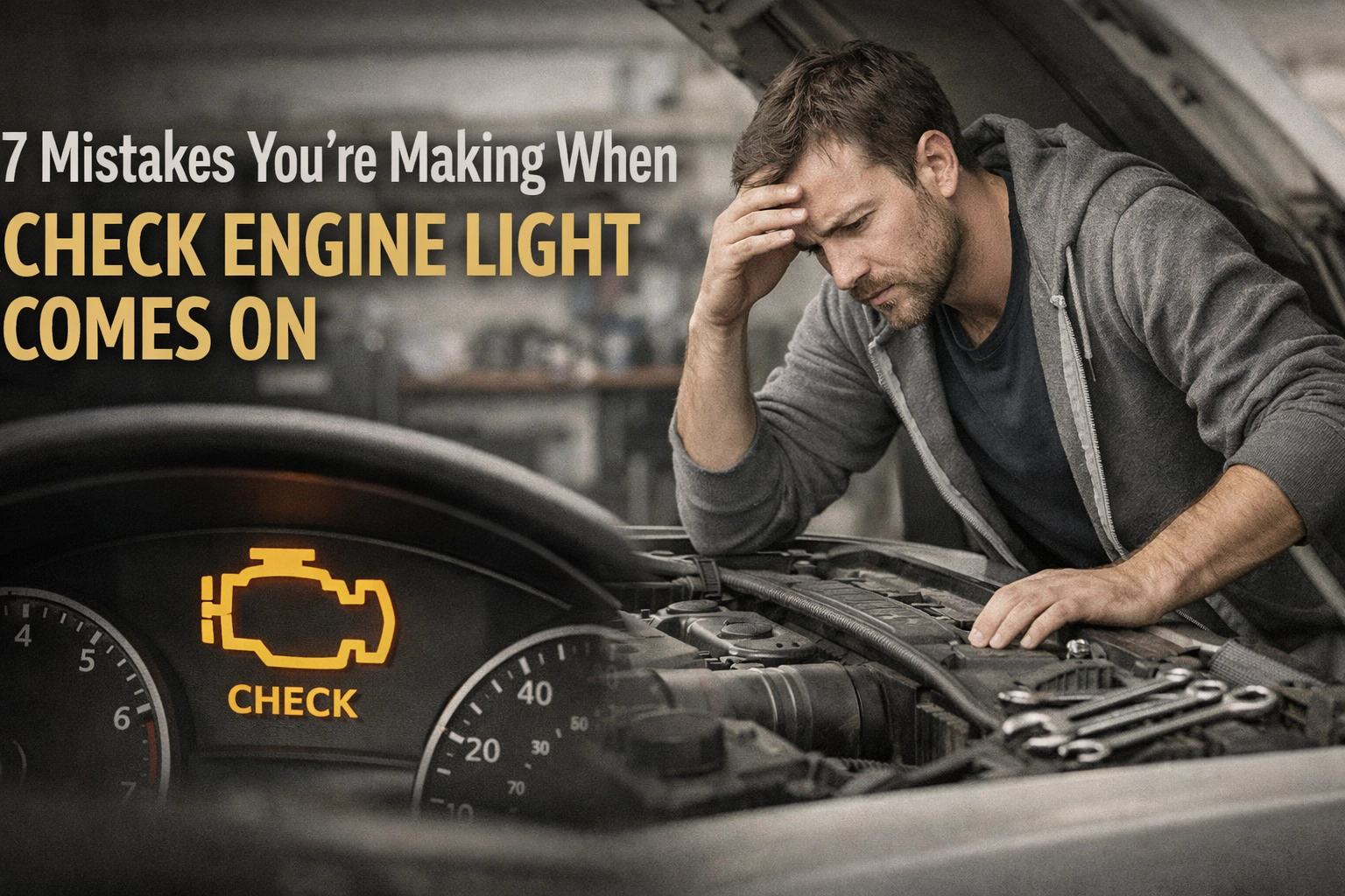 Man inspecting car engine with check engine light illuminated.