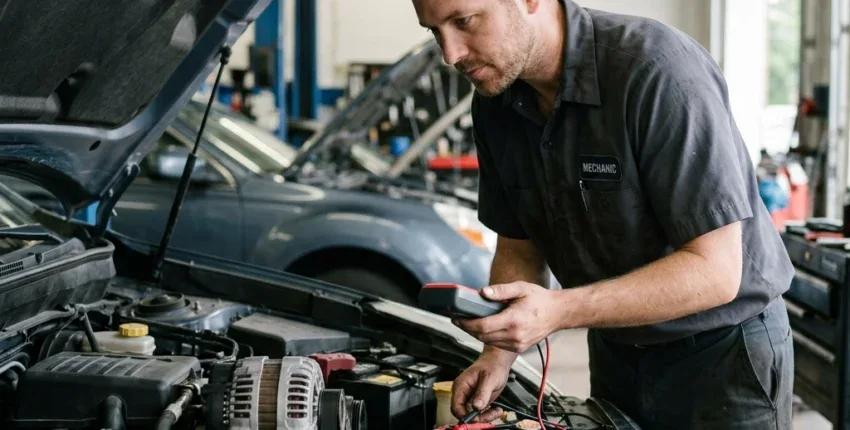 Skilled mechanic diagnosing car engine at Auburn Service Center.