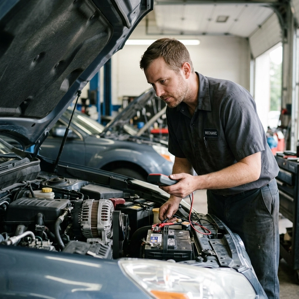 Skilled mechanic diagnosing car engine at Auburn Service Center.