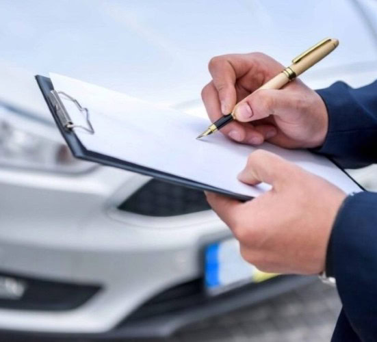 Technician inspecting a car with a clipboard and pen for vehicle service.