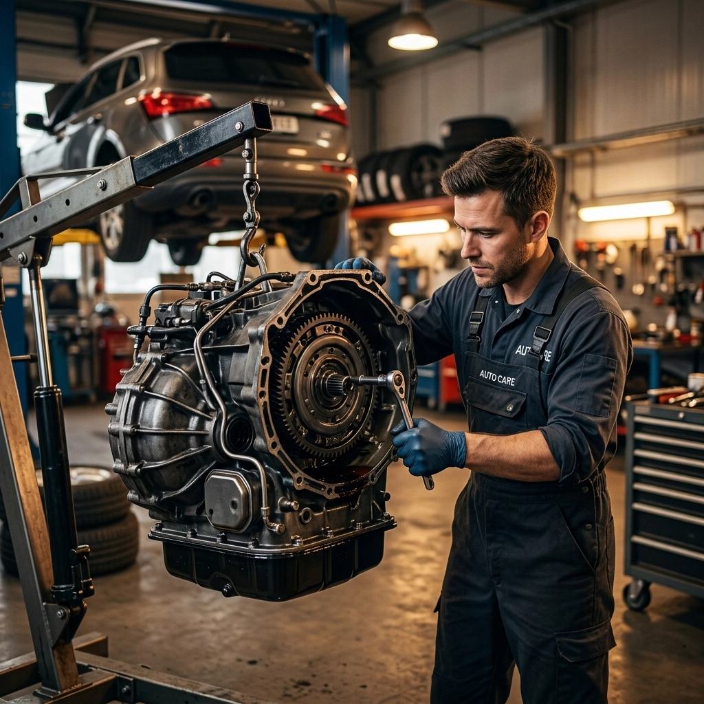 Skilled mechanic working on car engine repair at Authentic Automotive repair shop.