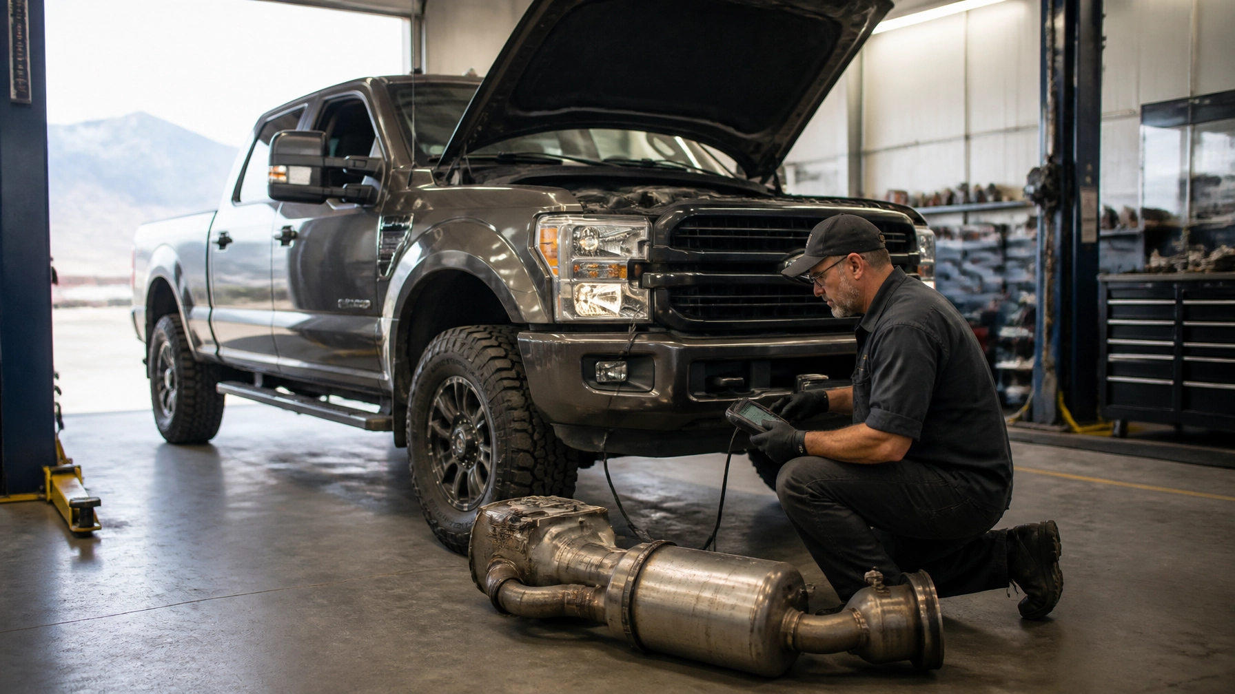 Mechanic inspecting exhaust system of a pickup truck in garage.