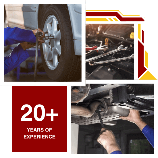 Skilled mechanic working on car wheel and engine components at auto center.