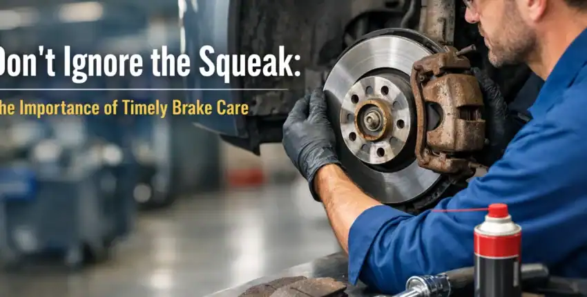 Auto mechanic inspecting brake disc and caliper for safety and performance.