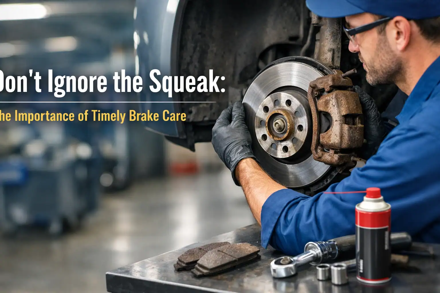 Auto mechanic inspecting brake disc and caliper for safety and performance.