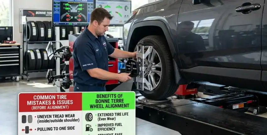 Auto center technician performing tire alignment on a vehicle.