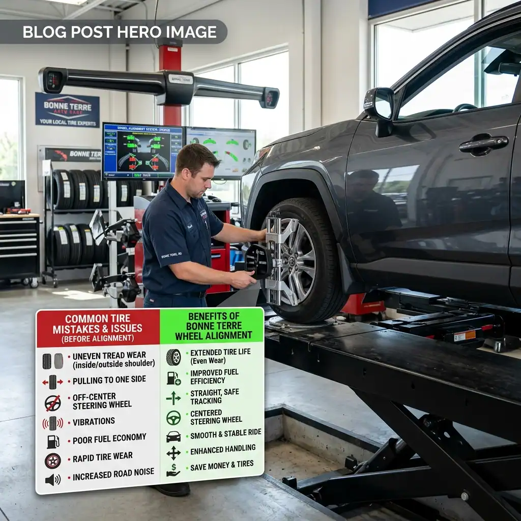 Auto center technician performing tire alignment on a vehicle.