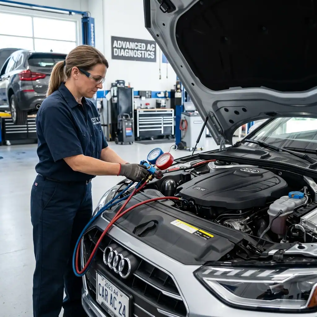 Auto AC diagnostics technician checking car air conditioning system.