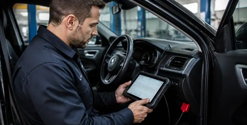 Auto repair technician inspecting vehicle diagnostics with a tablet inside a car.