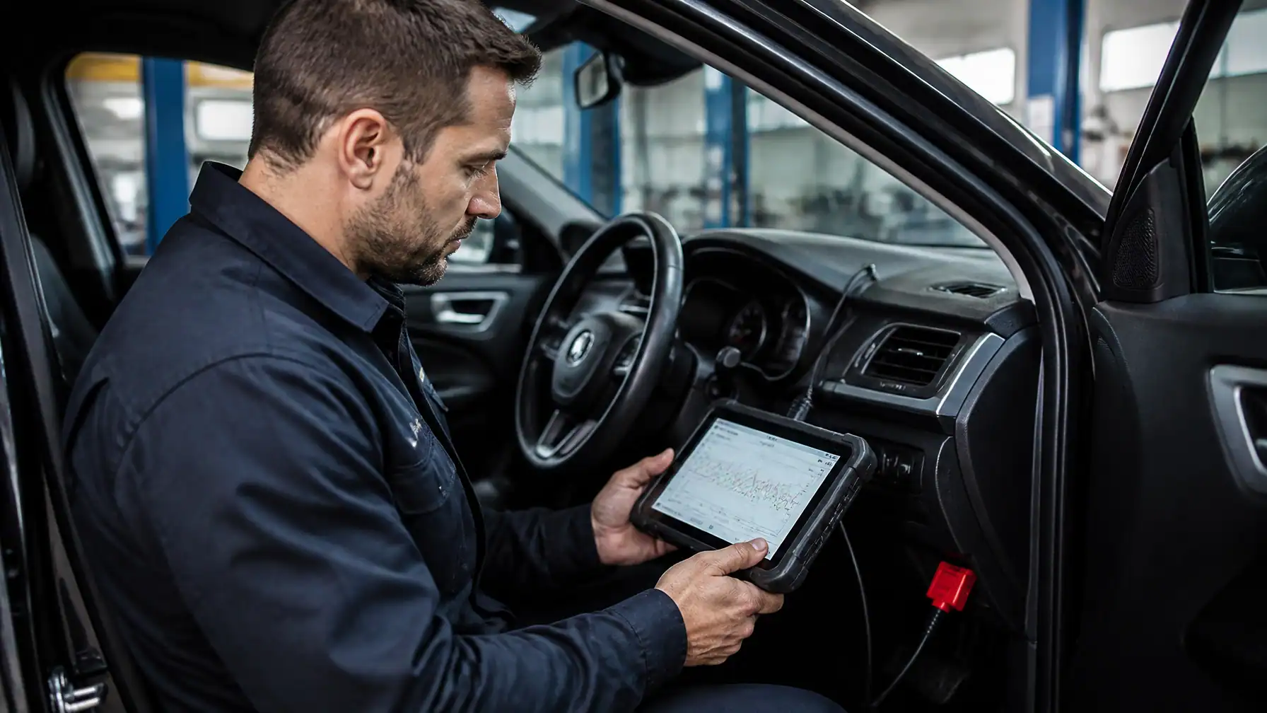 Auto repair technician inspecting vehicle diagnostics with a tablet inside a car.
