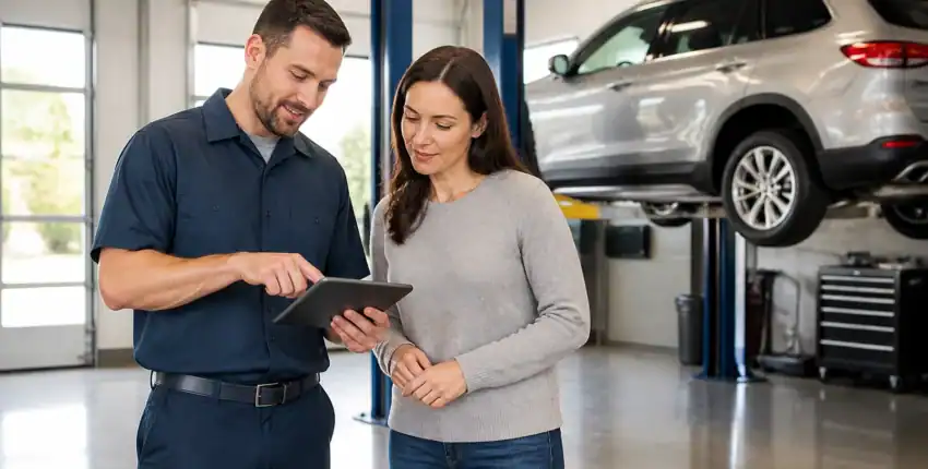 Auto repair technician discussing vehicle issues with customer using a tablet.