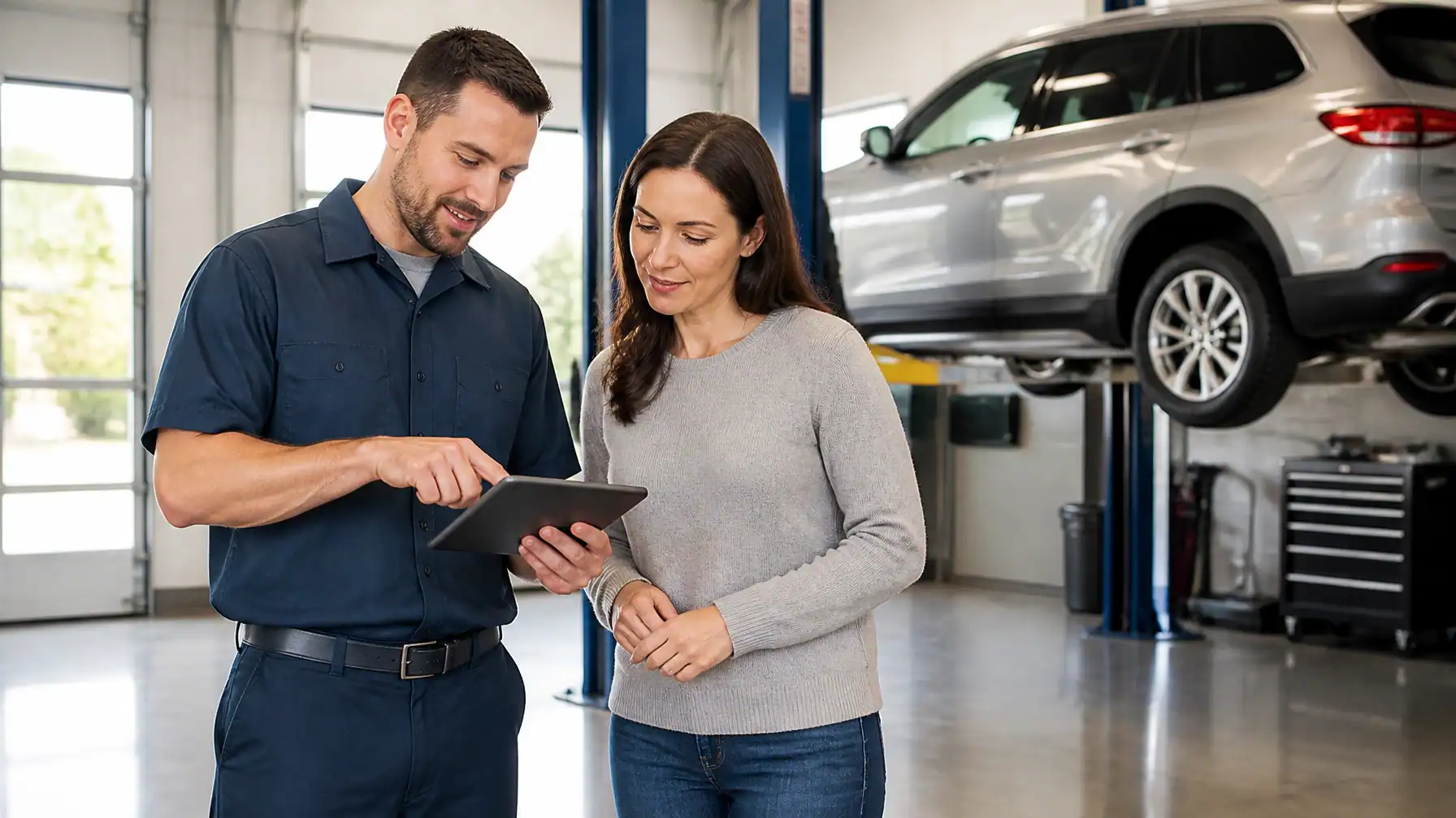 Auto repair technician discussing vehicle issues with customer using a tablet.