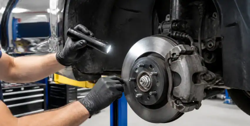 Technician inspecting car brake system with flashlight in auto repair shop.