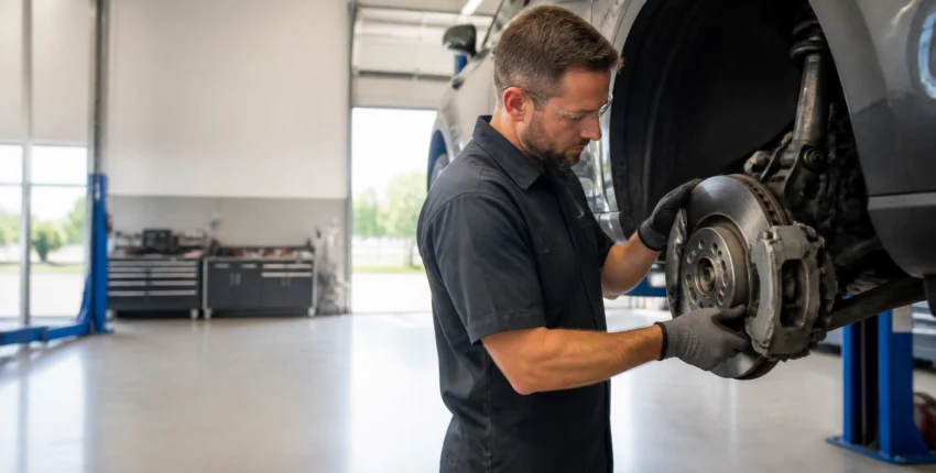 Technician inspecting car brake system at auto repair shop.
