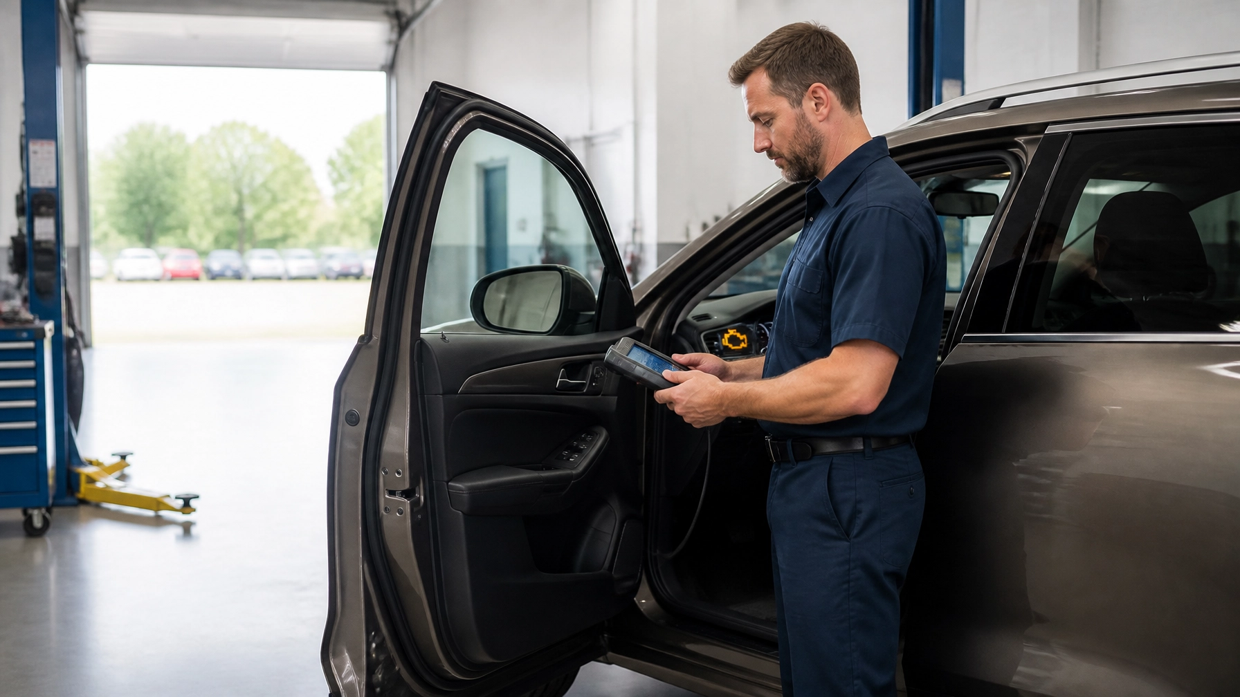Auto technician inspecting vehicle with diagnostic device in auto repair shop.
