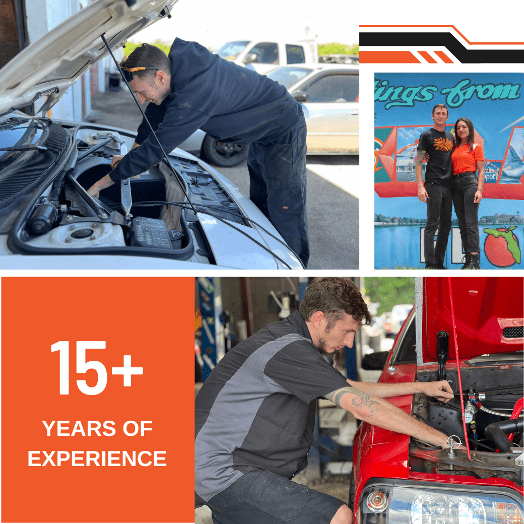Automotive technician inspecting engine at Autosauce Performance.