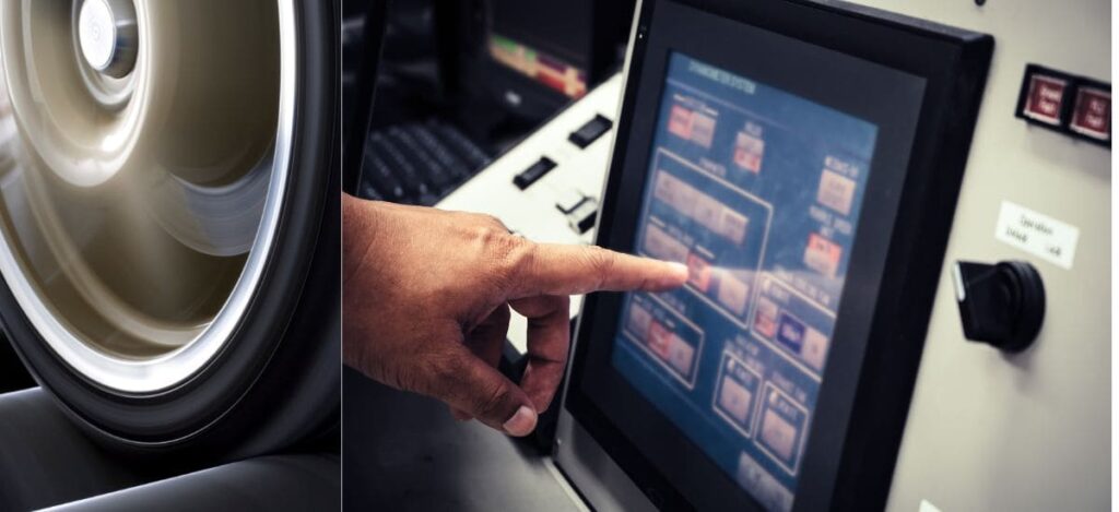 Technician using diagnostic scanner to check car engine performance and tune-up needs.