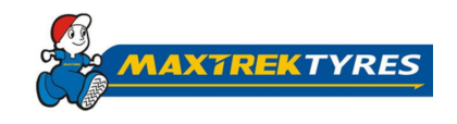 MaxTrek Tyres logo featuring a cartoon character and bold text for automotive tire services.