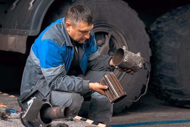 auto-mechanic-repairs-truck-professional-repair-diagnostics-cargo-tractors-equipment-mechanic-workshop-considers-spare-parts