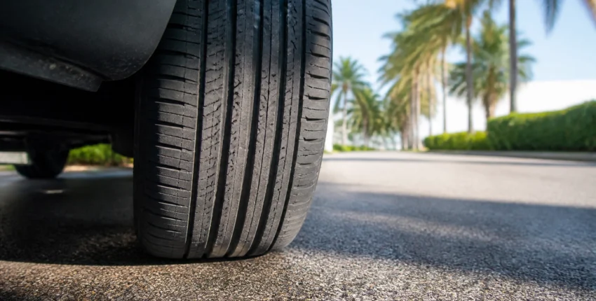 Close-up of car tire on asphalt with palm trees in background.