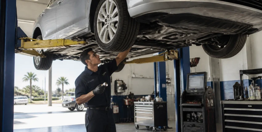 Automotive technician inspecting a car lifted in a repair shop.