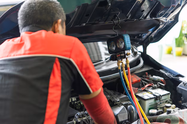 Car mechanic checking a car battery in a workshop