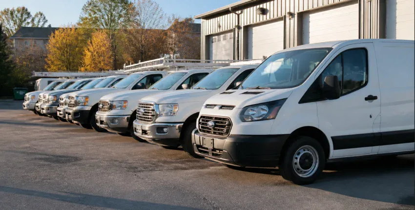 Fleet of professional service vans at Auto Tech Solutions for vehicle repairs and maintenance.