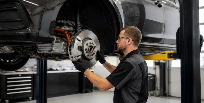 Auto Tech Solutions mechanic inspecting a car's brake system.