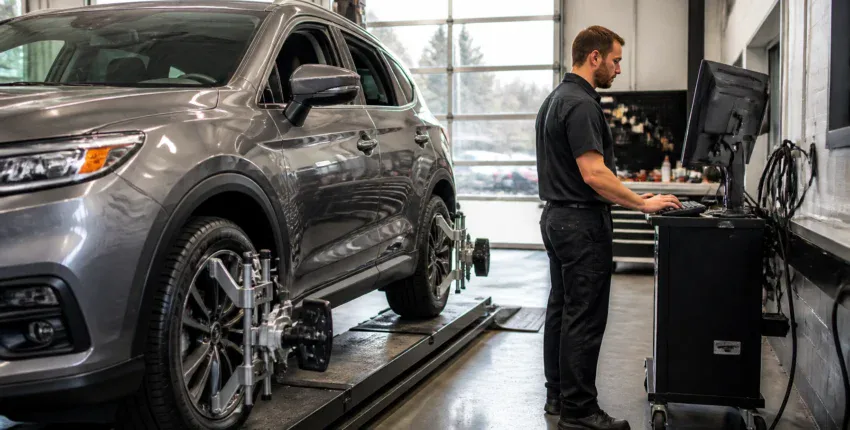 Automotive technician using diagnostic tools on a car at Auto Tech Solutions.